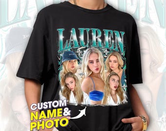 May include: Black t-shirt with a graphic print of a group of people and the word "LAUREN" in a teal blue font. The graphic is set against a teal blue and white background with a swirling pattern. The t-shirt is a customizable product with the option to add a custom name and photo.