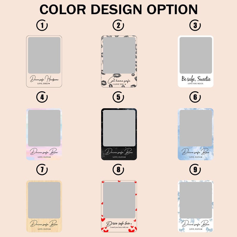 May include: A collection of nine photo frame designs with various color schemes and text. The frames have rectangular openings for photos. Text includes phrases like "Drive safe," "Be safe, Sweetie," and "Love you." The frames have different border designs.
