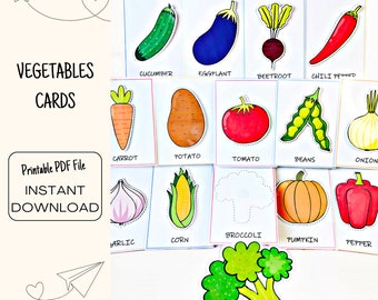 14 Tarjetas didácticas de verduras, Tarjetas de imagen para niños, Tarjetas de nomenclatura, Juguetes Montessori y preescolares, PDF de educación en el hogar, Actividad imprimible