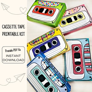 Caja de cinta de casete, titular de tarjeta de regalo, cajas de favor de fiesta, kit PDF imprimible, plantilla de papel de bricolaje, caja de regalo de dulces y galletas, descarga instantánea imagen 1