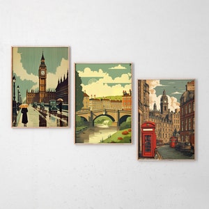Conjunto de pôsteres de viagem do Reino Unido com 3, impressão da Grã-Bretanha, impressão de viagem colorida, impressões de países, download digital, impressão de cidades, impressão para download