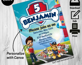 Paw Patrol Invitation | Kids Birthday Invitation Template Editable-Printable, Paw Birthday Invitation Girl | Invite Instant Download