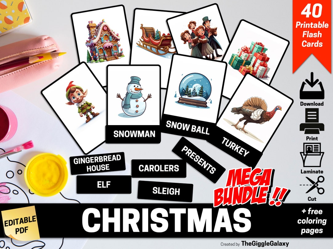 CHRISTMAS Flash Cards 40 Editable Montessori Cards Flash Cards