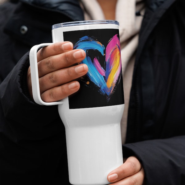 Neon Colors Pop Art Heart Travel Mug with a Handle, Valentines Couples Gift for 80s & 90s Retro Lovers Cup, Brush Stroke Artistic Drinkware