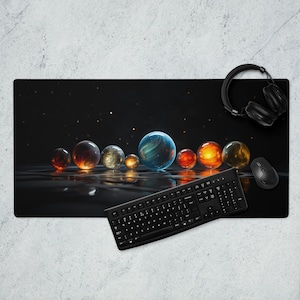 Solar System Model Shiny Marbles Gaming Mouse Pad, Dark Academia Aesthetic, Gift for Gamers, Science Dorm Décor, Colorful Planet Desk Mat