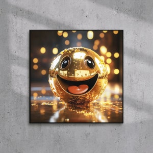 Plakat na papierze fotograficznym ze złotą uśmiechniętą buźką, Złoty nadruk emotikon, Fantastyczna emotikonka w złotym nadruku, 3D Emoji w złotym nadruku, Modny nadruk w akademiku internetowym