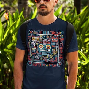 Colorful Tribal Cartoon Keith Haring Inspired Unisex organic cotton t-shirt, 80s Pop Art Retro Shirt, Vintage Design shirt, Tribe Symbol Art