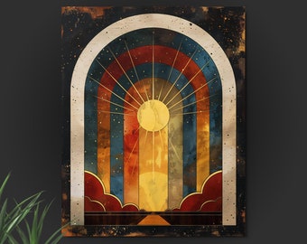 Art Deco Gold Sunburst Metal Print, Colorful Mid Century
