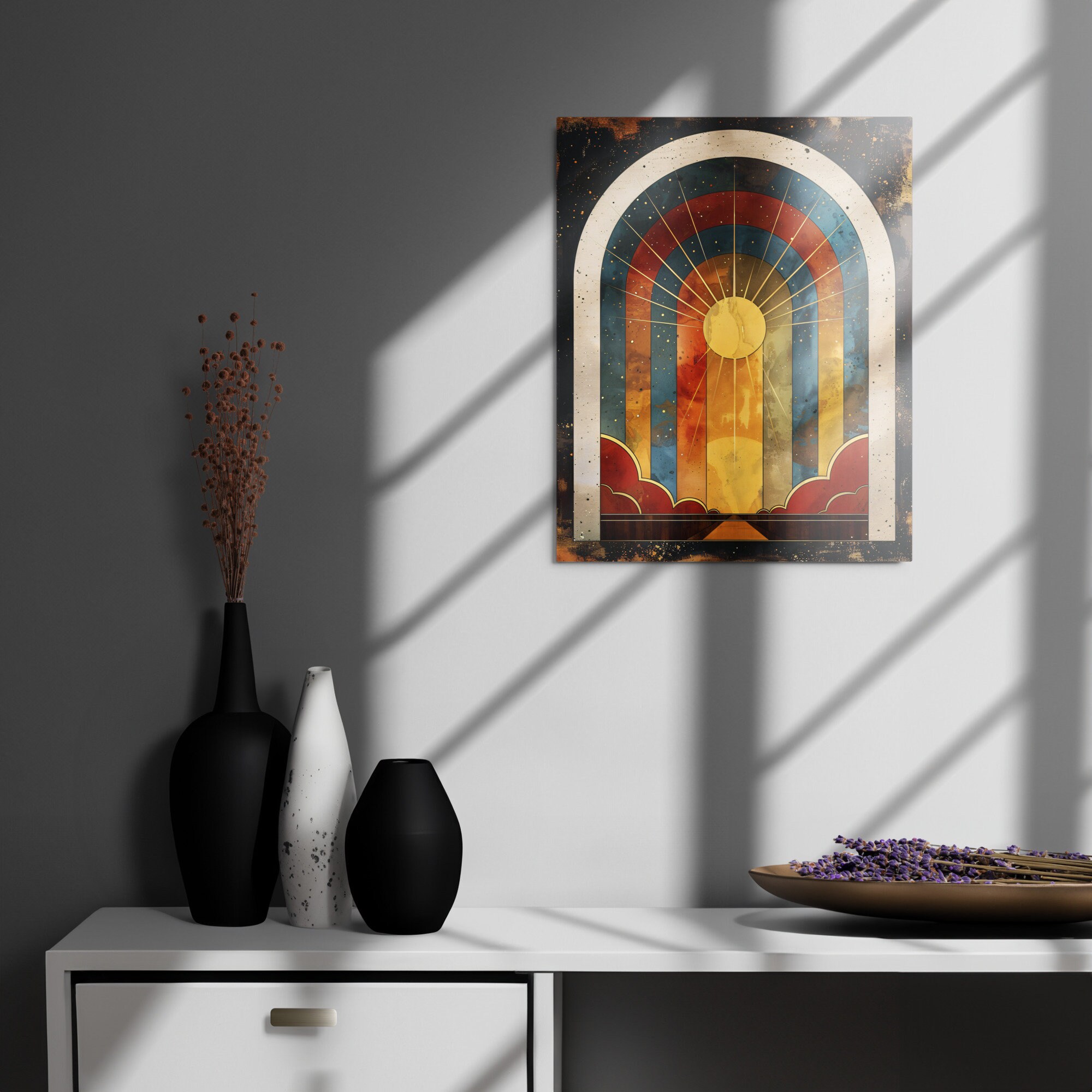 Art Deco Gold Sunburst Metal Print, Colorful Mid Century