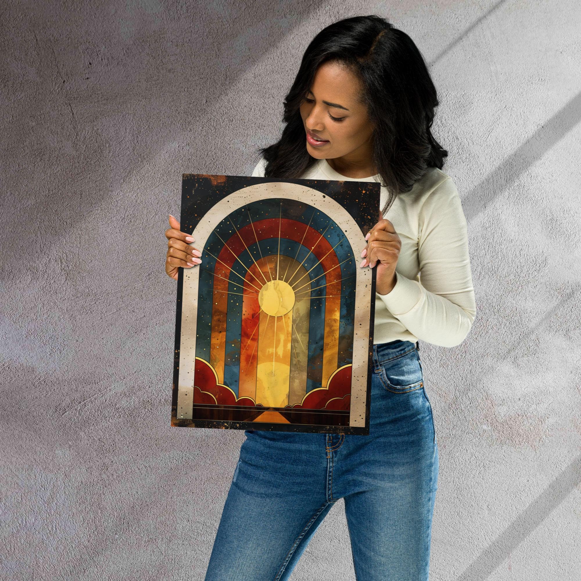 Art Deco Gold Sunburst Metal Print, Colorful Mid Century