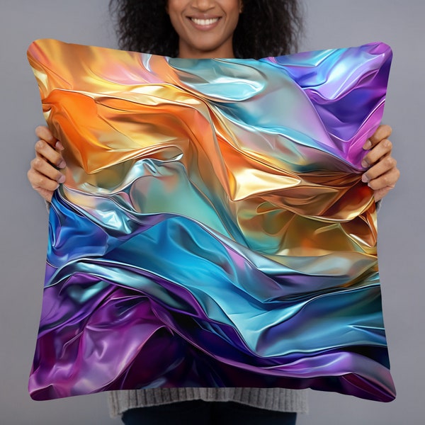 Iridescent Glow Candy Wrapper Holographic Art Pillow, Multi Color Gradient Art, Multicolor Abstract Art Home Décor, 3D Illusion Pillow