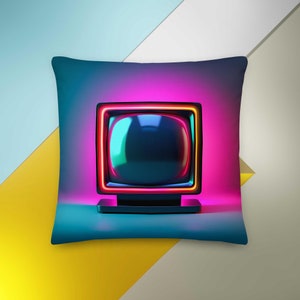 Pop Art Colorful Vibrant TV Set Premium Pillow, MTV 90s Style Pillow, Retro Design Home Decor, Modern Icon Art Movie Night Pillow, Binge TV