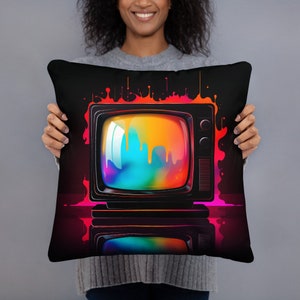 Colorful Paint Melting Retro TV Pillow, 80s Style Vintage Home Décor, Retro Neon Glow Art, Old Movies TV Night Pillow, Gift for Film Buff