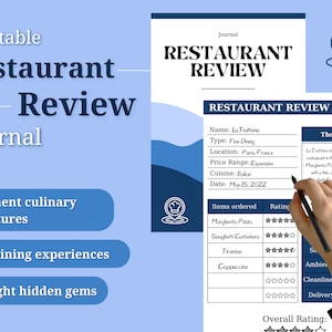 Diario de reseñas de restaurantes imprimible, plantillas editables en formato A5 en Canva, reseña y califica comidas y restaurantes.