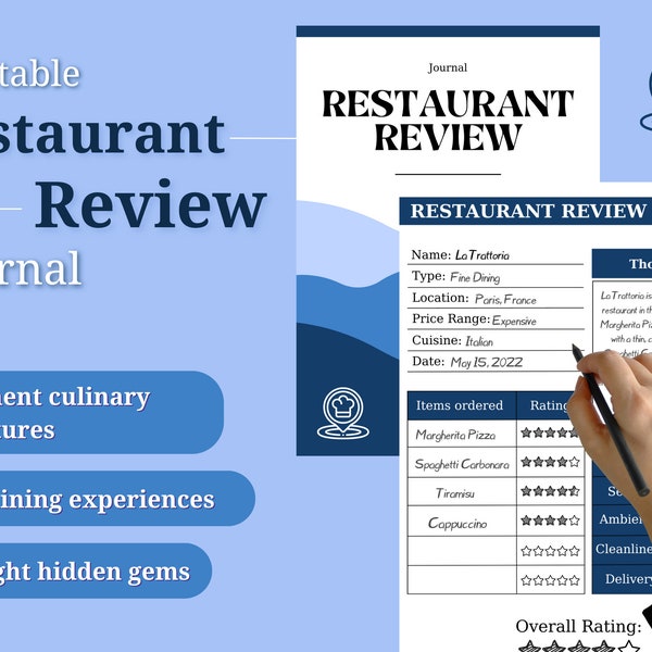 Printable restaurant review journal, editable a5 templates on canva, review and rate food and restaurants.