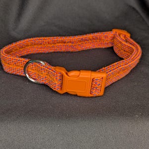May include: Orange and blue woven dog collar with a plastic buckle and a silver D-ring.
