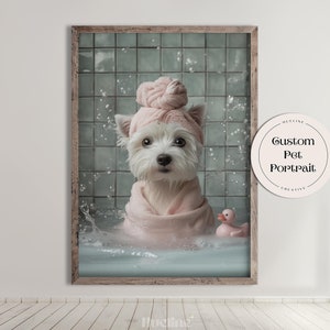 May include: A white dog wearing a pink towel and a pink bath turban is sitting in a bathtub with blue tiles. The dog is looking at the camera. There is a pink rubber duck in the water. The image has a white border and the text "Custom Pet Portrait" in a circle.