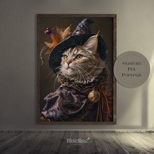 May include: A portrait of a cat wearing a witch's hat and a ruffled collar. The cat has brown and white fur and is looking to the left. The background is a dark brown colour. The image is framed in a wooden frame.