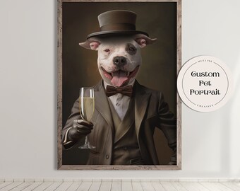 May include: A white dog wearing a brown top hat and a brown suit with a bow tie, holding a glass of champagne. The dog is looking at the camera with a smile. The background is a dark brown color. The image is a custom pet portrait.