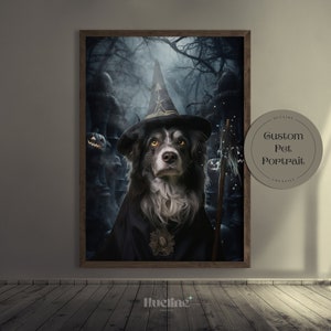 Ritratto di animale domestico gotico personalizzato da foto, regalo perfetto per compleanno, decorazione per la casa, parete per animali domestici con mago mistico, regalo personalizzato per Halloween