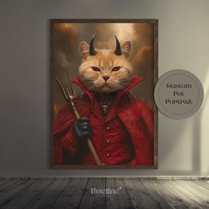 May include: A digital painting of a cat dressed as the devil, with red horns, a red cape, and a pitchfork. The cat is looking directly at the viewer with a serious expression. The background is a dark, stormy sky.