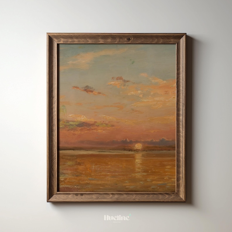 Sunset Seascape Art Print, Vintage Ocean Horizon Wall Art, Warm Pastel ...