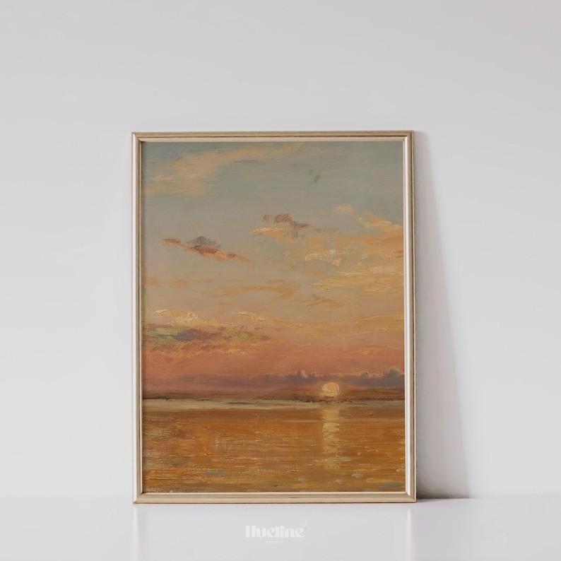Sunset Seascape Art Print, Vintage Ocean Horizon Wall Art, Warm Pastel ...