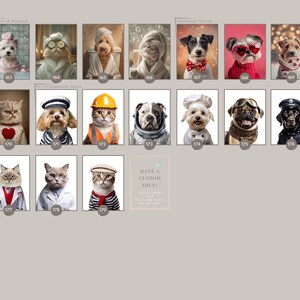 May include: A collection of framed portraits featuring various pets dressed in costumes. The images include a dog in a bathrobe, a cat with cucumber slices on its eyes, and a dog wearing a bow tie. The portraits are numbered and categorized.