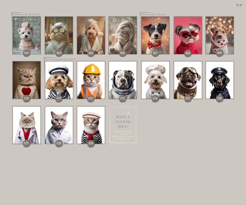 May include: A collection of framed portraits featuring various pets dressed in costumes. The images include a dog in a bathrobe, a cat with cucumber slices on its eyes, and a dog wearing a bow tie. The portraits are numbered and categorized.