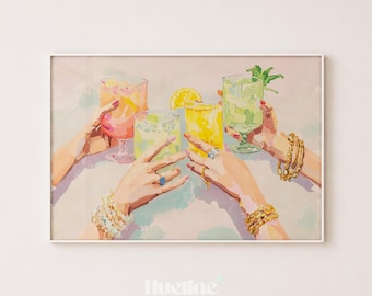 Modern Cocktail Toast Oil Painting, Trendy Drinks Bar Cart Wall Decor Poster - L1261