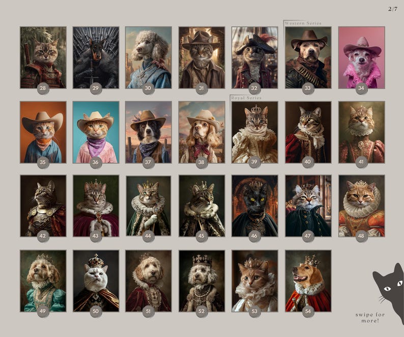 May include: A collection of portraits featuring animals dressed in various costumes. The images include cats and dogs in Western and royal attire, such as cowboy hats, crowns, and regal clothing. The portraits are numbered and labeled with the text "Western Series" and "Royal Series".