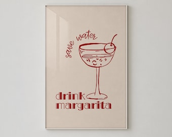 Save Water Drink Margarita Print, Red Cocktail Wall Art, Bar Cart Kitchen Decor - L1278