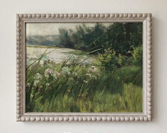 Vintage River Landscape Oil Painting, Cottagecore Countryside Meadow Poster, Farmhouse Wildflower Art Print - L1257