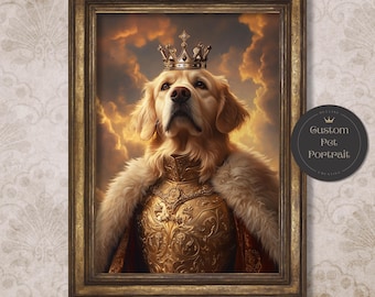 May include: A golden retriever dog wearing a gold crown and a fur-trimmed robe, with a golden background. The dog is looking up with a serious expression. The image is framed in a gold frame.