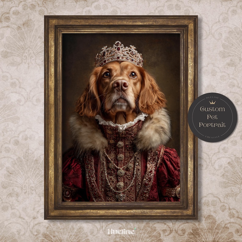 May include: A regal pet portrait of a dog wearing a jeweled crown and a red and gold Renaissance-style gown. The dog has long, brown fur and is framed in a gold ornate frame. The portrait has a dark background and a custom pet portrait logo.