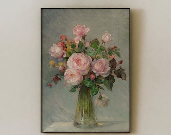 Vintage Pink Roses Oil Painting, Cottagecore Floral Poster, Farmhouse Still Life Art Print - L1260