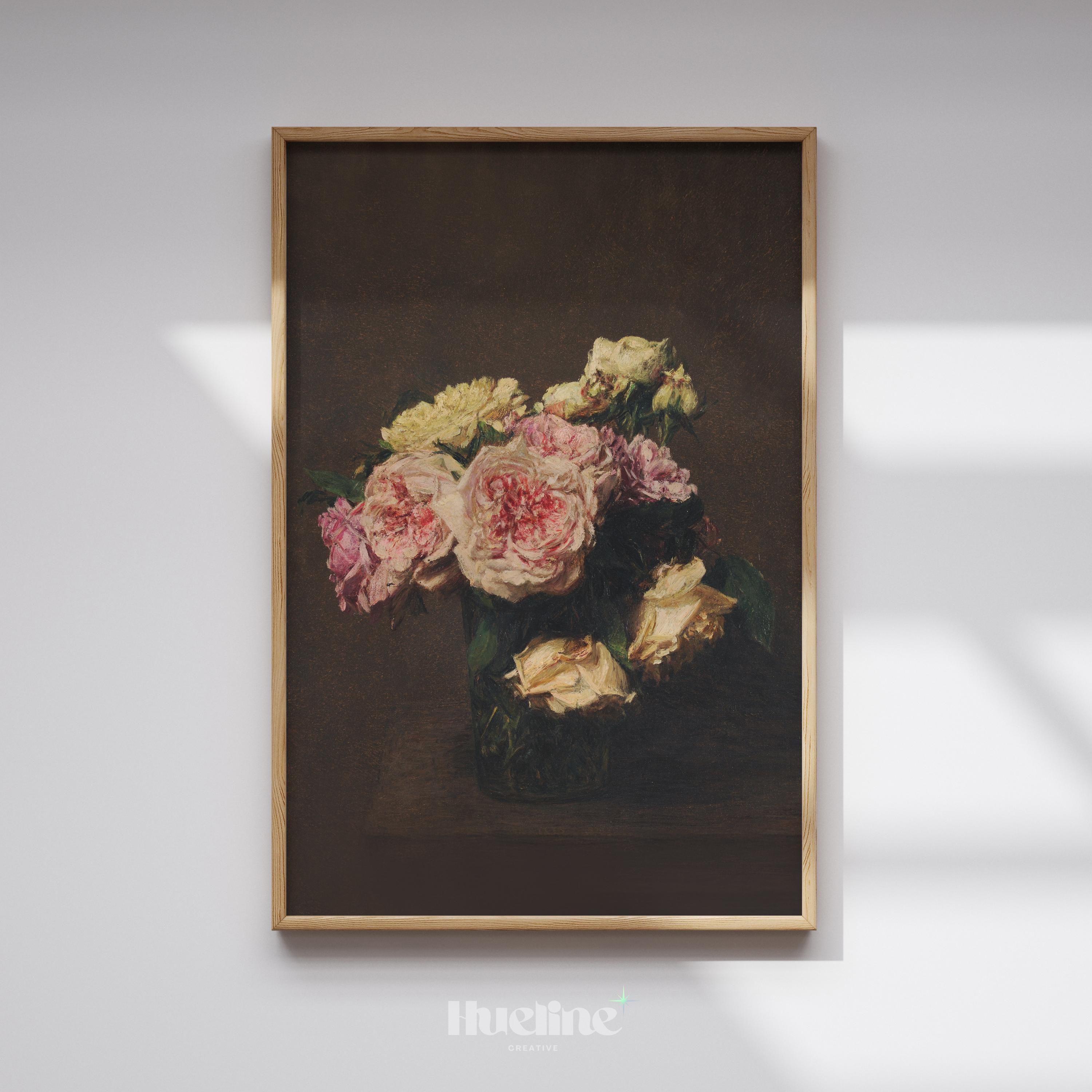 Vintage Floral Still Life Print – Dark Romantic Roses in Vase Wall Art ...