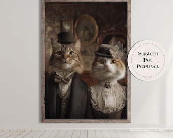 Custom Victorian Cat Portrait: Elegant Pet Art Print, Cat Lover Gift