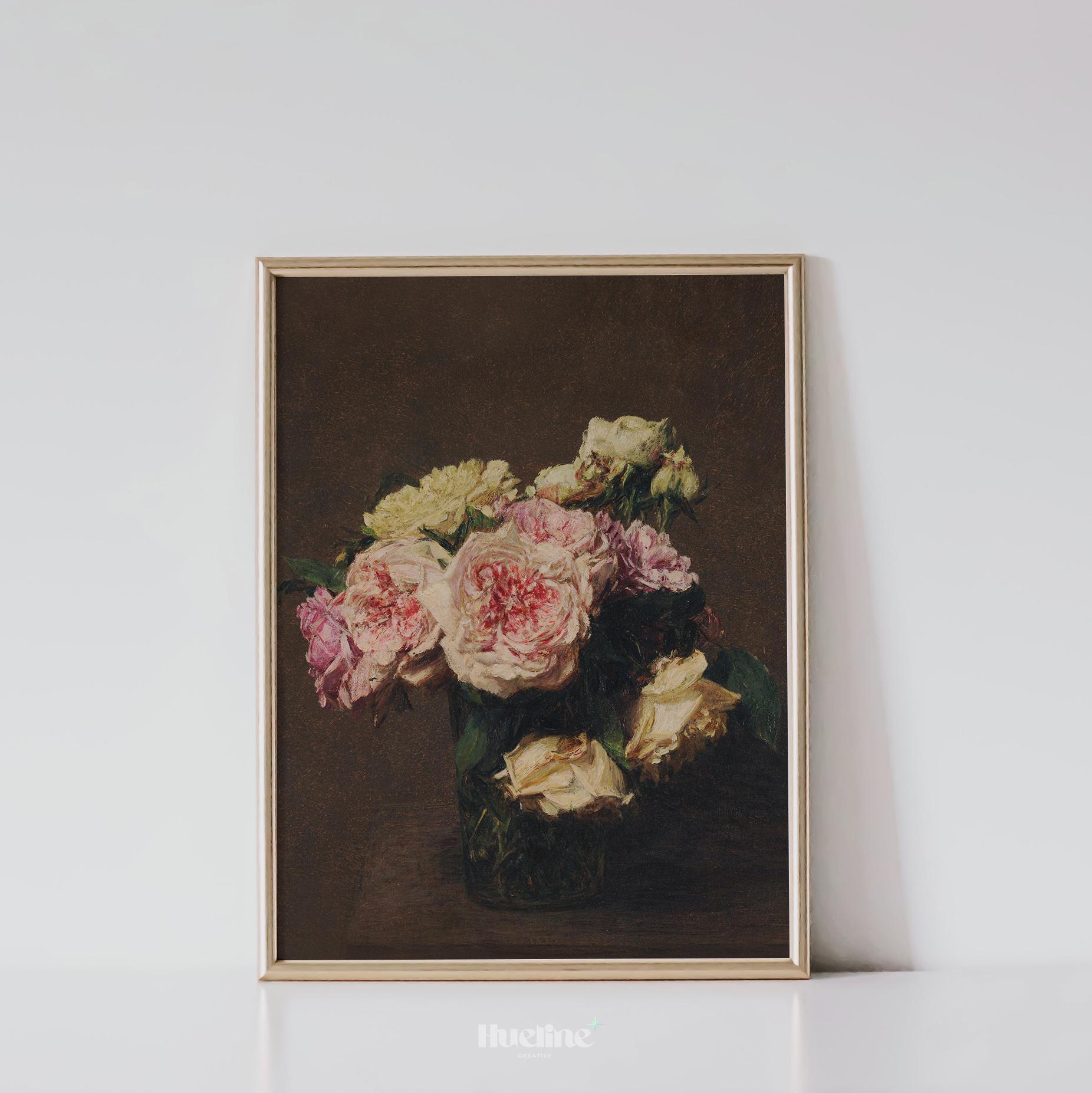 Vintage Floral Still Life Print – Dark Romantic Roses in Vase Wall Art ...
