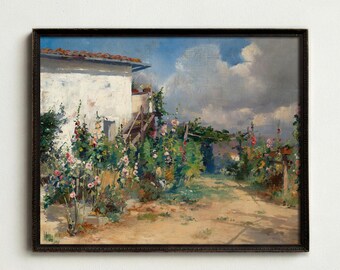 Vintage Mediterranean Village Oil Painting, Cottage Garden Hollyhock Wall Decor Poster - L1256