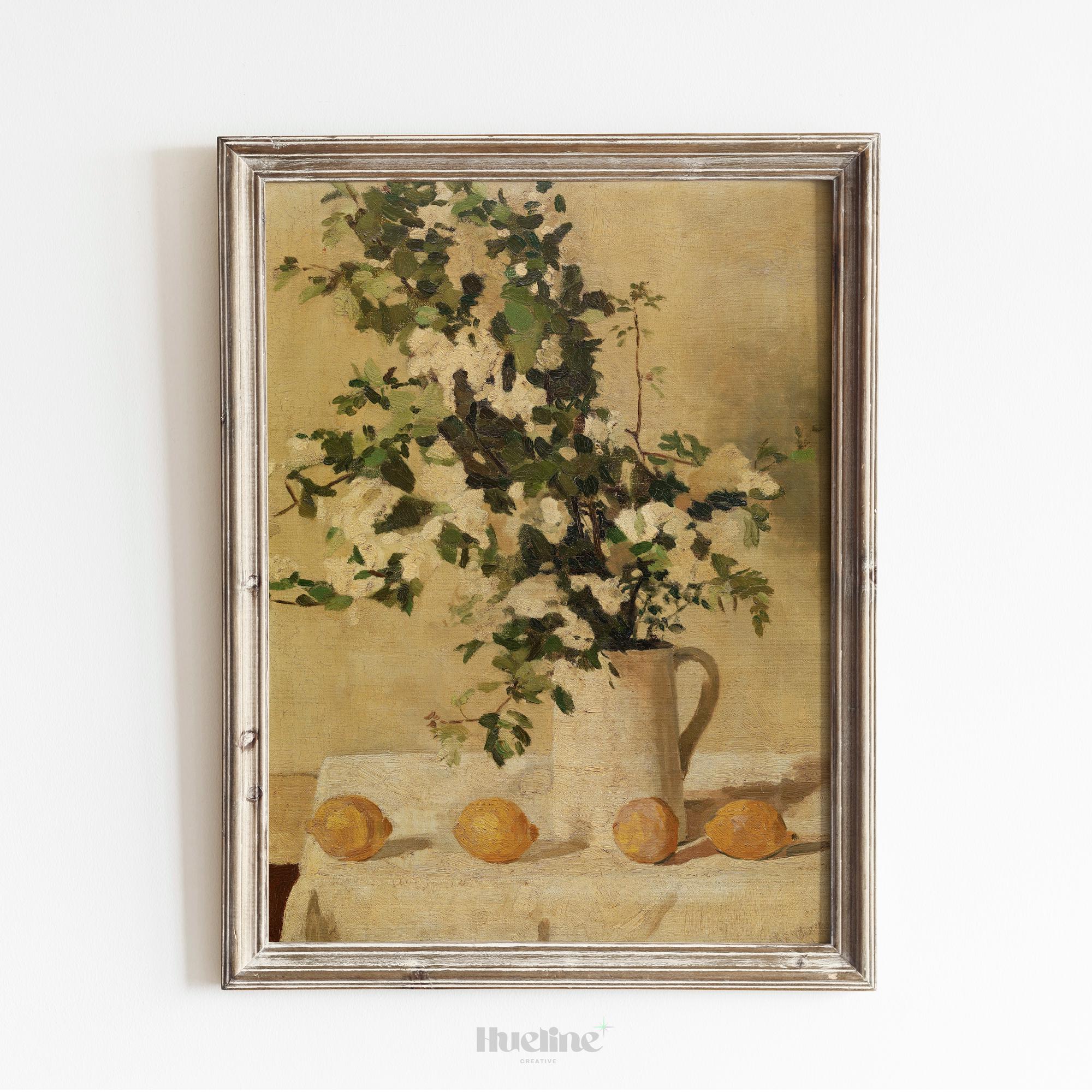 Vintage Floral Still Life Art Print Country Style Lemon and Vase Painting Rustic Wall Decor for Kitchen or Cottage Interiors - L1038