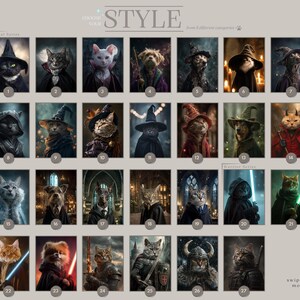 May include: A collection of digital art prints featuring cats and dogs dressed in various fantasy and historical costumes. The images include cats and dogs in wizard hats, cloaks, and warrior armor. The text "CHOOSE YOUR STYLE" is at the top.