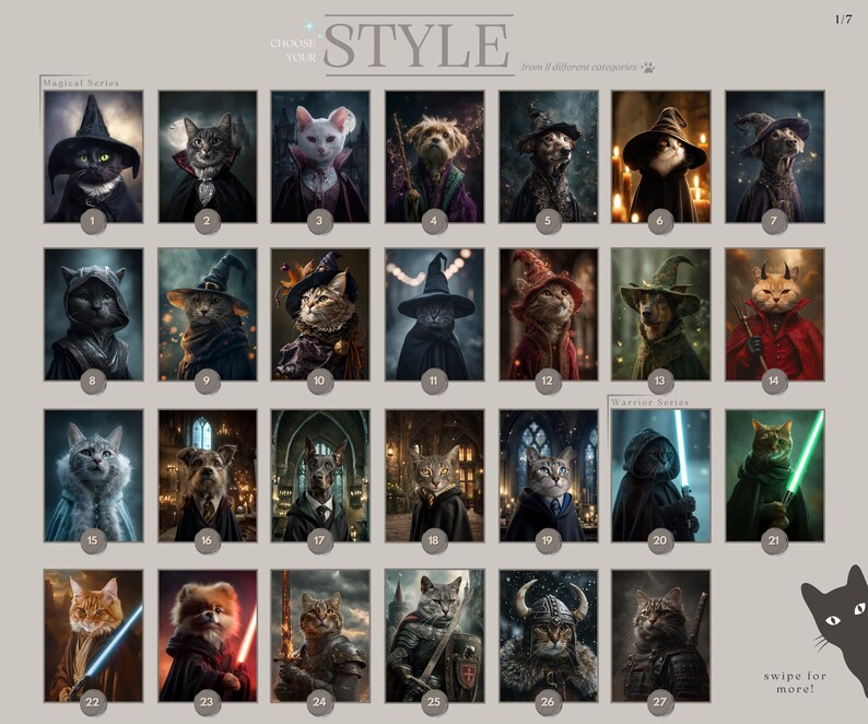 May include: A collection of digital art prints featuring cats and dogs dressed in various fantasy and historical costumes. The images include cats and dogs in wizard hats, cloaks, and warrior armor. The text "CHOOSE YOUR STYLE" is at the top.