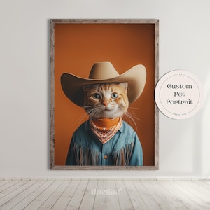 Portrait d'animal de compagnie cowboy personnalisé : cadeau western pour animal de compagnie, décoration numérique pour la maison, toile ou poster