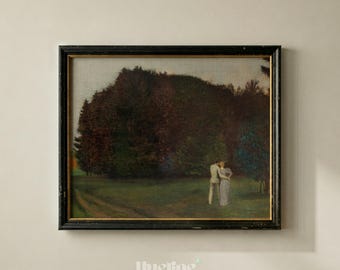 Vintage Forest Couple Art Print, Romantic Landscape Painting, Dark Cottagecore Wall Art Decor - L1263