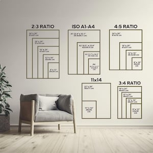 May include: Image showing various print sizes and ratios, including 2:3, ISO A1-A4, 4:5, 11x14, and 3:4 ratios. Sizes are listed in inches and centimeters. A modern armchair with a gray cushion and a white pillow is in the foreground.