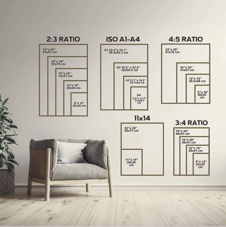 May include: Image showing various print sizes and ratios, including 2:3, ISO A1-A4, 4:5, 11x14, and 3:4 ratios. Sizes are listed in inches and centimeters. A modern armchair with a gray cushion and a white pillow is in the foreground.