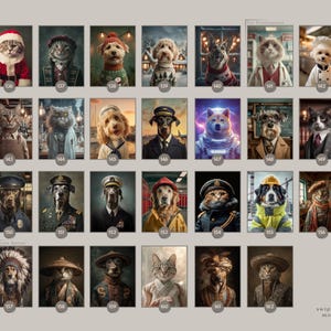 May include: A collection of framed art prints featuring anthropomorphic animals in various professions and attire. The images include cats and dogs dressed as chefs, sailors, and military figures, with a vintage aesthetic.