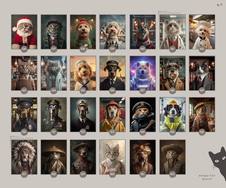 May include: A collection of framed art prints featuring anthropomorphic animals in various professions and attire. The images include cats and dogs dressed as chefs, sailors, and military figures, with a vintage aesthetic.
