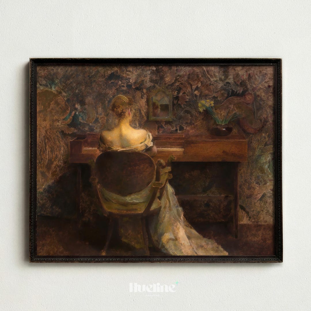 Vintage Woman Piano Art Print, Moody Dark Oil Painting, Music Room Wall ...